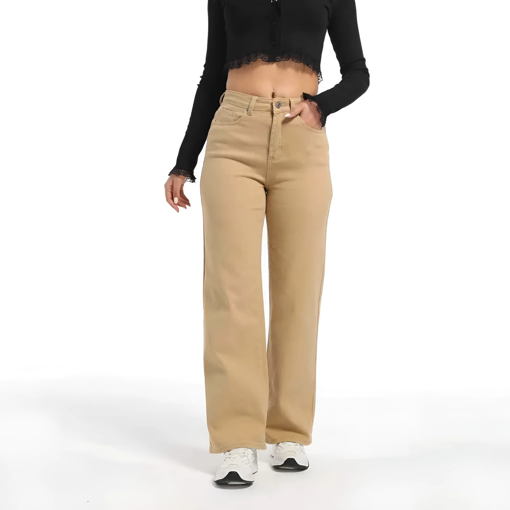 Women's autumn straight jeans in wide leg design, apricot colour, high waist