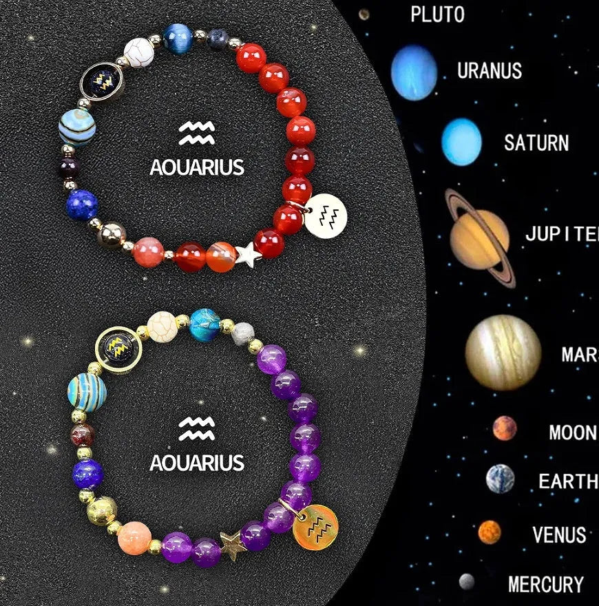 Set of two natural stone beaded bracelets on a wrist, each with different beads representing zodiac signs.
