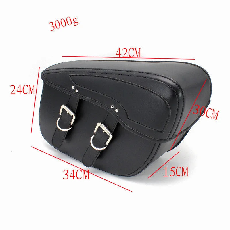 Retro style PU leather motorcycle saddlebag side box in black, dimensions 42cm x 15cm x 30cm