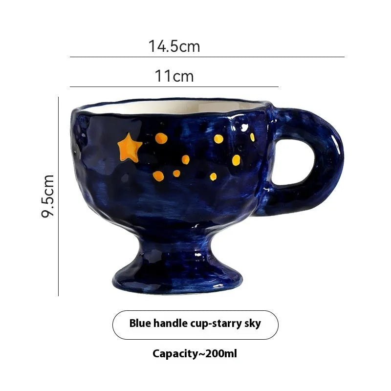 Hand-pinched irregular ceramic mug with solid colour design, approximately 14.5cm tall