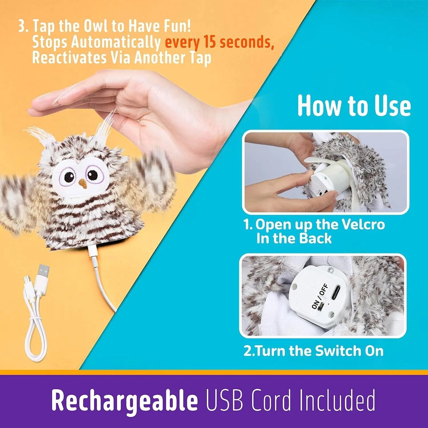 Grey plush owl automatic cat toy with beating wings on flat surface with USB charging cable