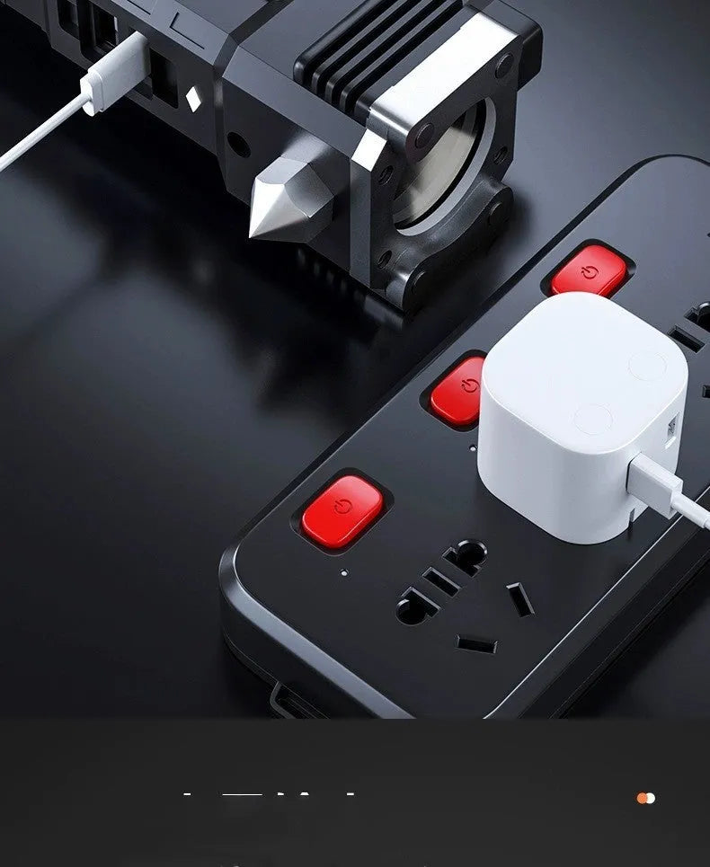 Silver plastic LED flashlight with integrated power bank, shown with USB charging cable.