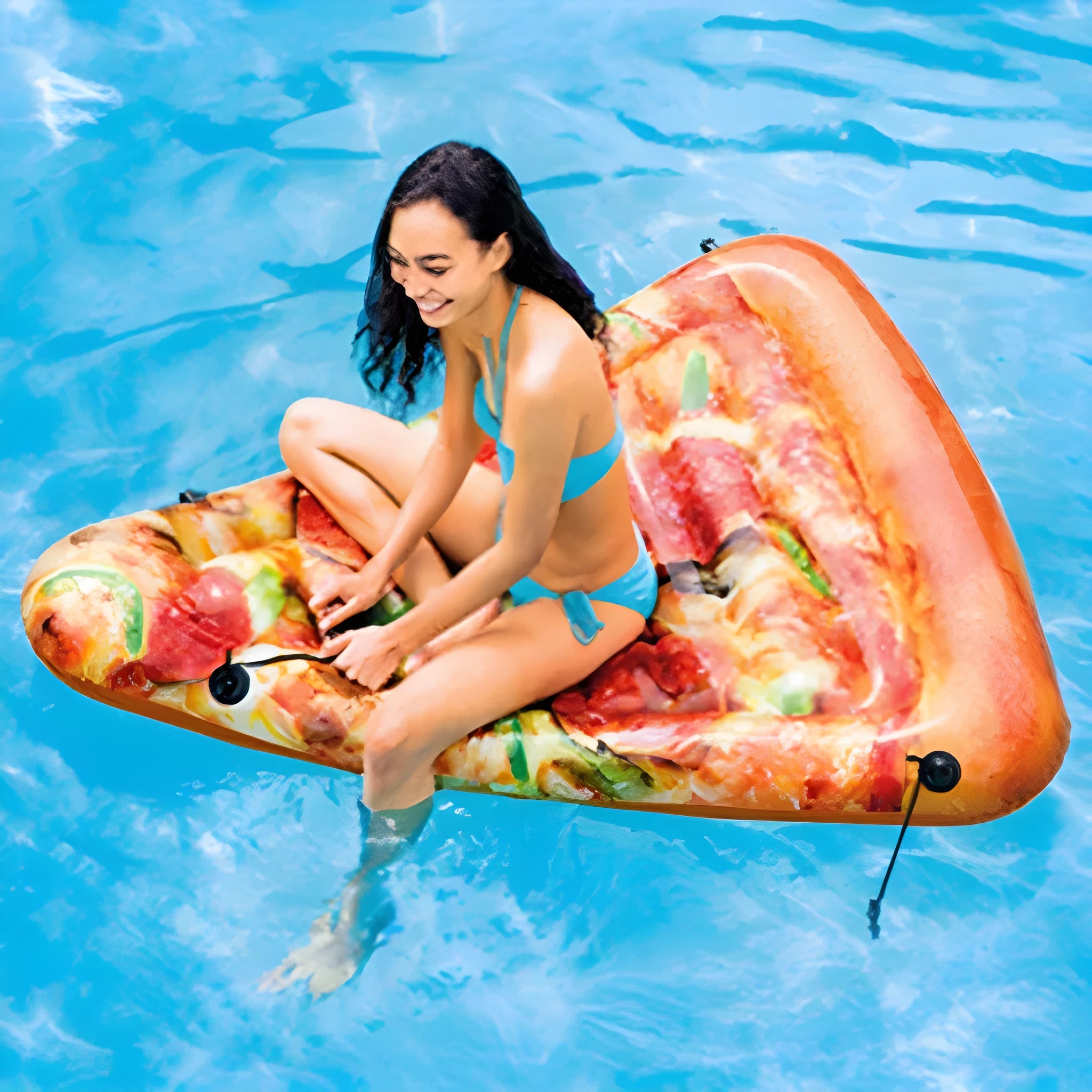 Large green and red pizza slice inflatable surfboard floating on water