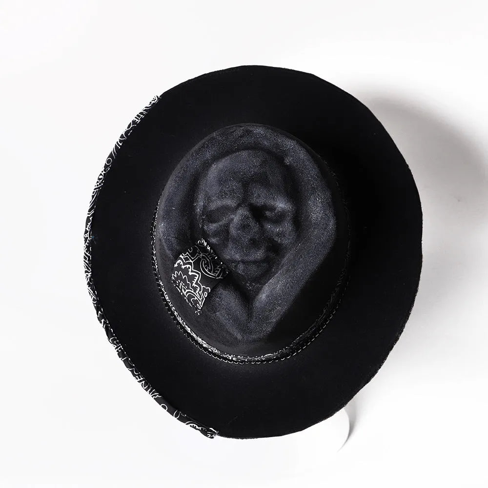 Handmade wool felt skull hat with conical crown and denim-style pattern