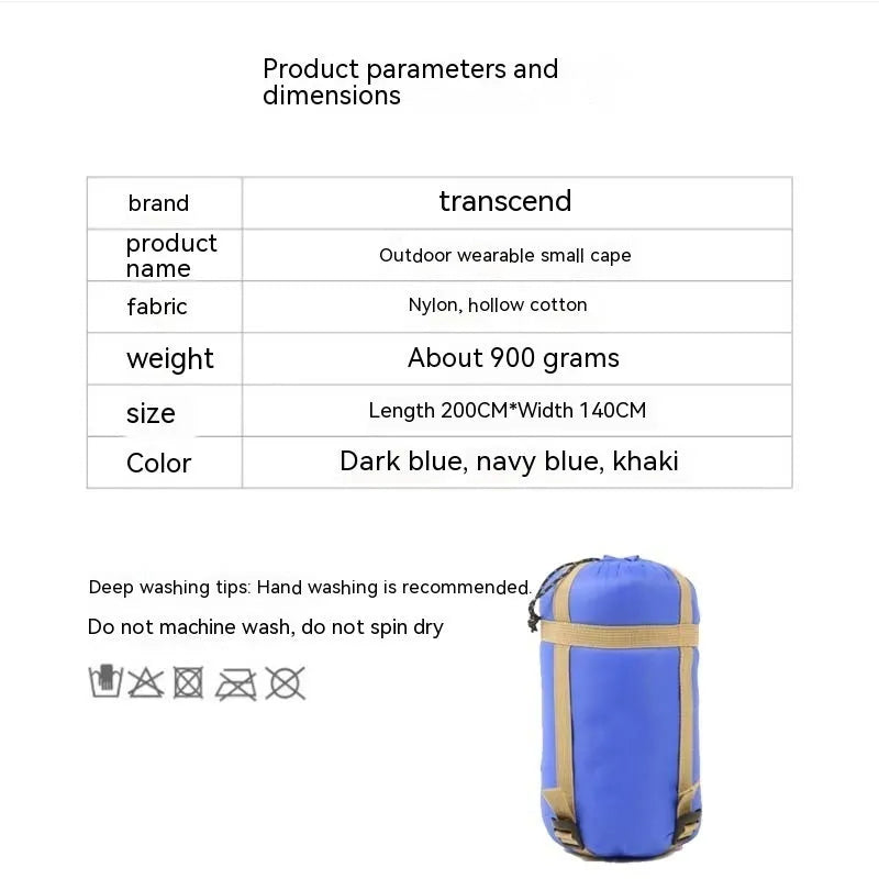 Army green outdoor cloak sleeping bag with wearable design showing 200x140cm dimensions