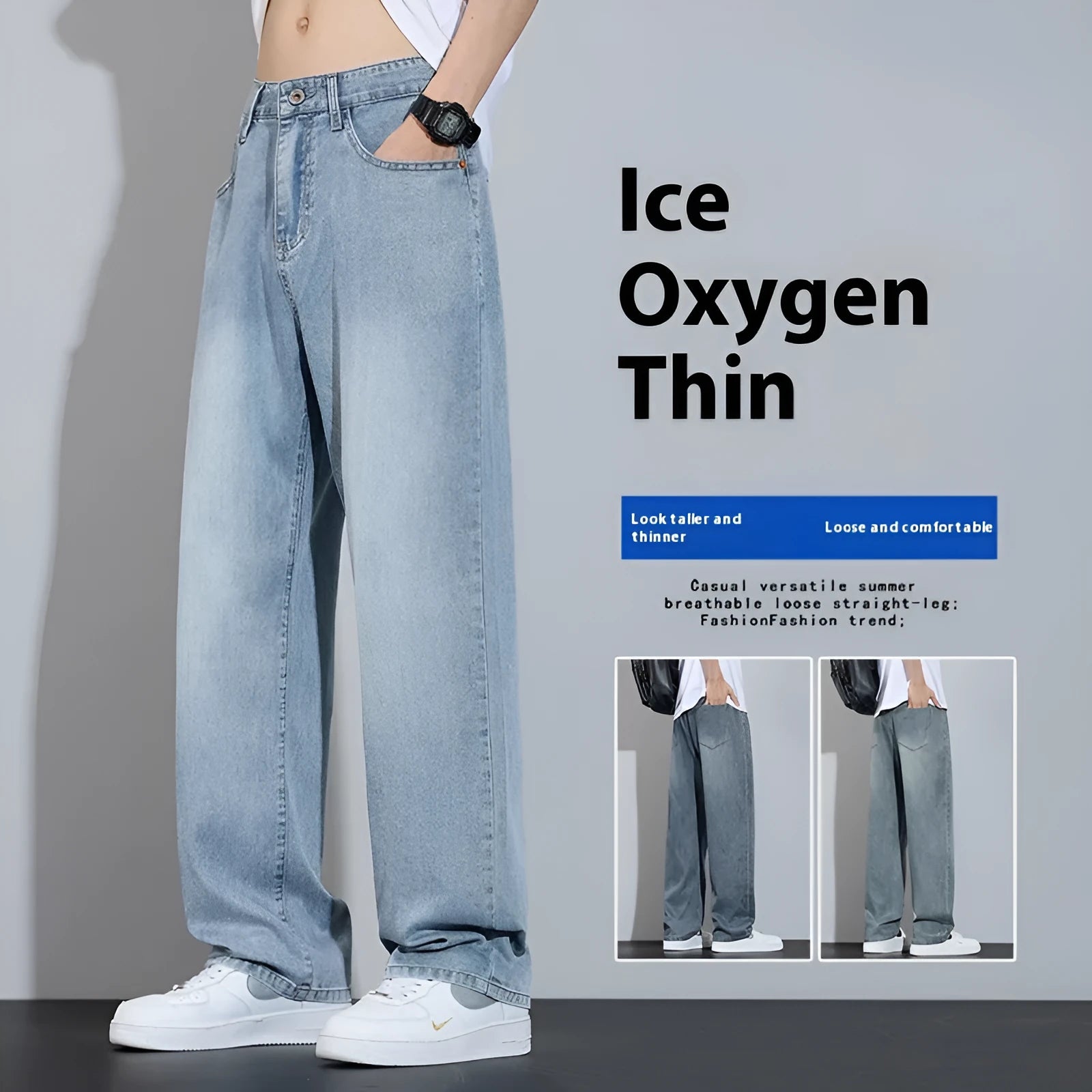 Straight-leg casual trousers in ice silk denim with wide-leg style and zip fly