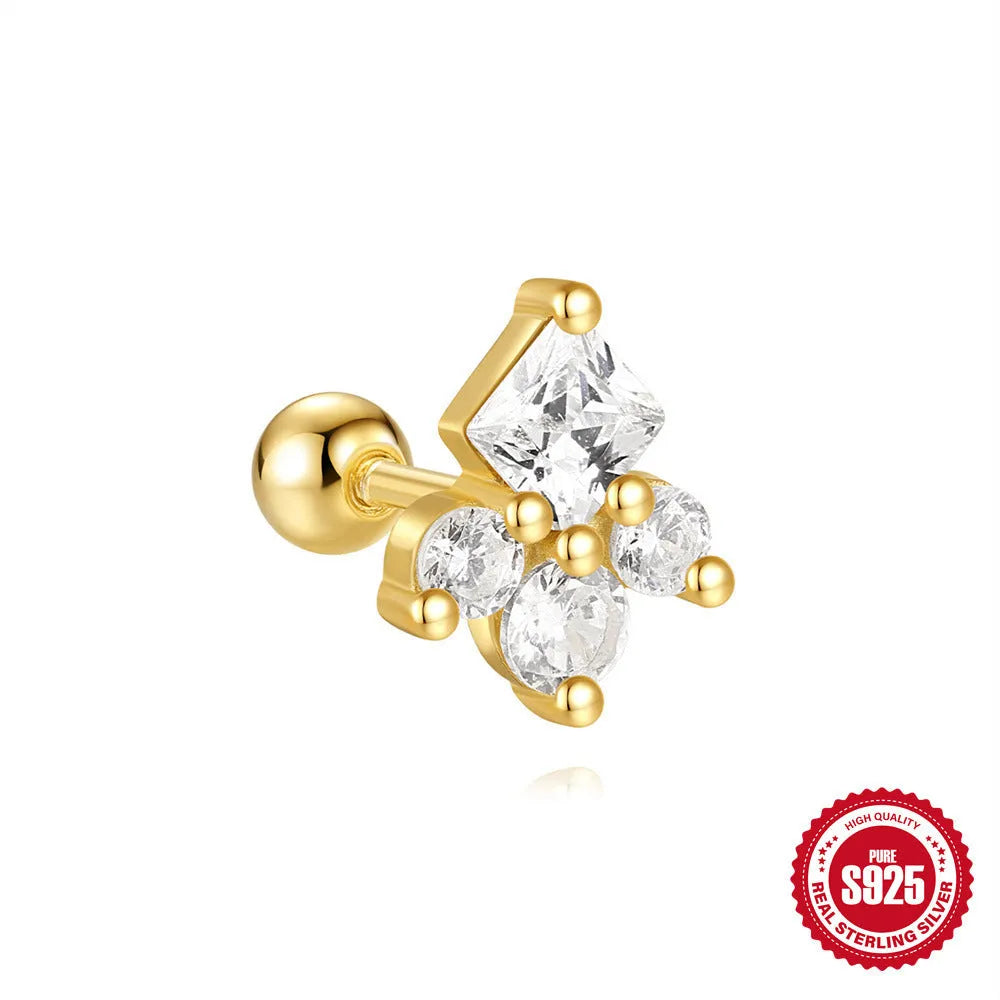 S925 sterling silver red square gravel stud earrings with floral design in gold electroplated finish