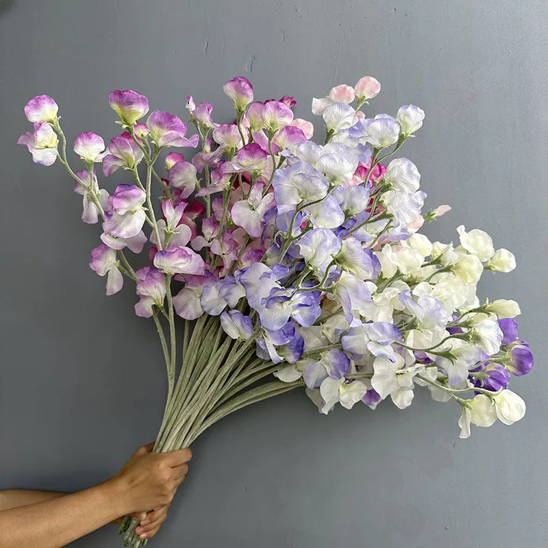 Silk flocking fragrant pea fake flower 63cm in purple, wedding decoration prop