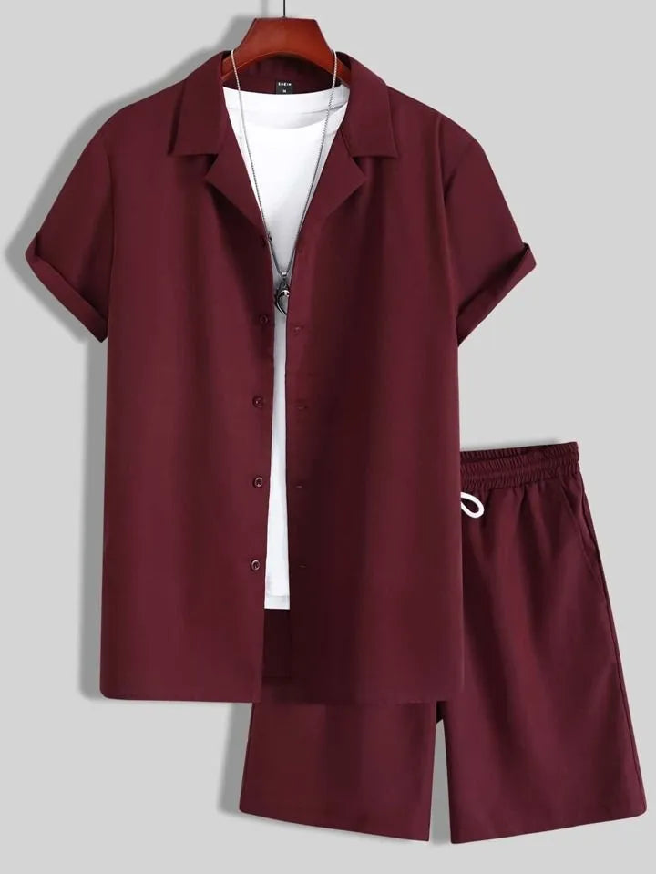 Man wearing a white Cuban collar short sleeve shirt and matching shorts from a men's sport suit set.