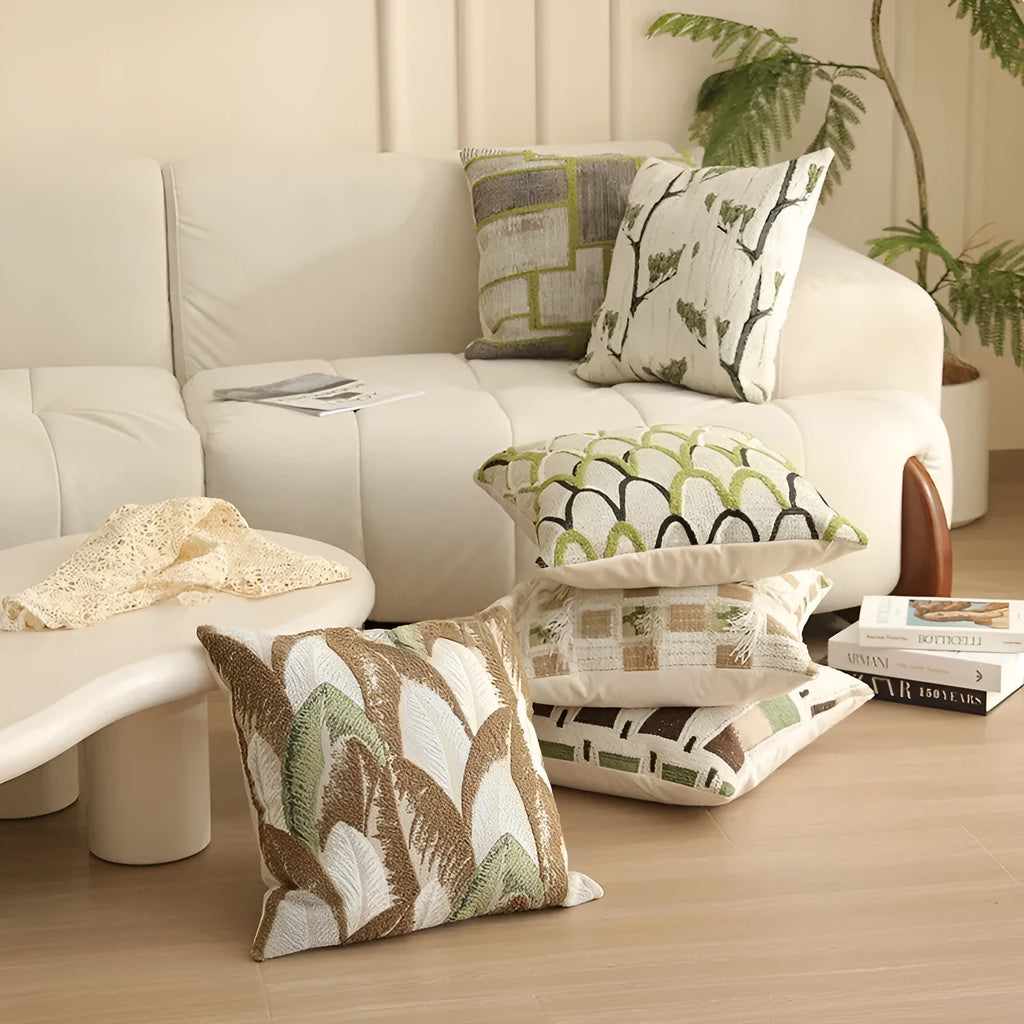 Square 45cm jacquard cushion cover with a detailed woven floral pattern in a retro Nordic style.