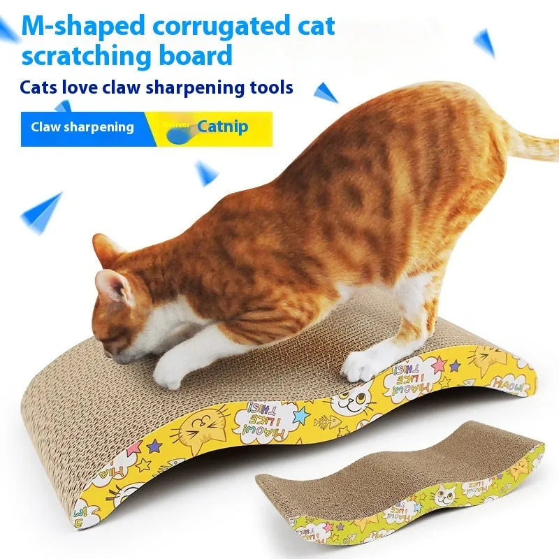Corrugated paper cat scratch board shown in bone shape and other styles including M-type and wavy.