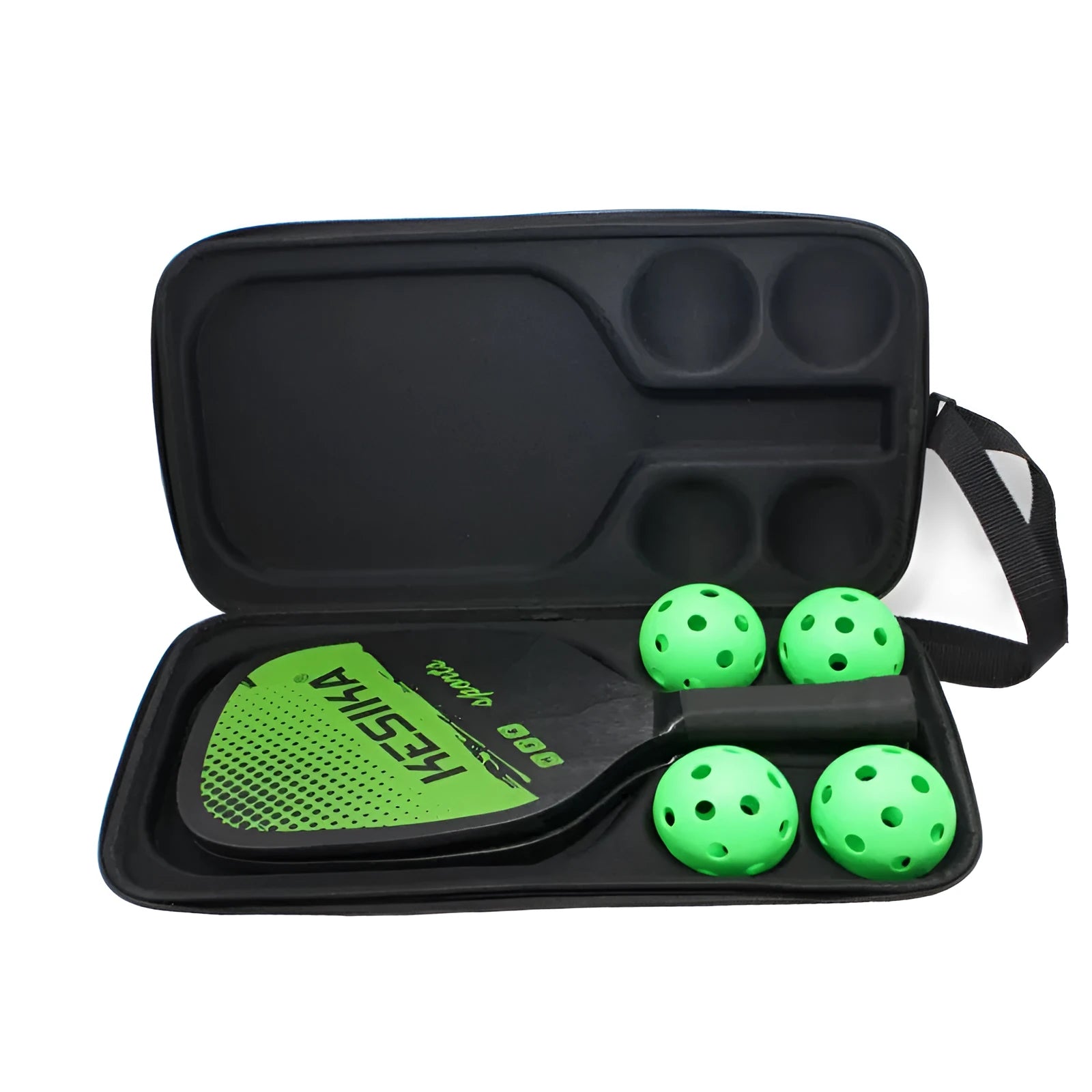 Black EVA pickleball racket storage case with dual shoulder straps showing racket and ball compartments