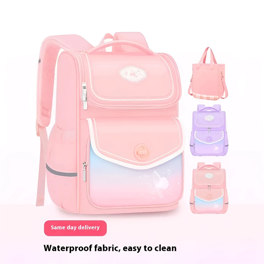 Girls waterproof schoolbag in pink, purple and green colours with large and small size options