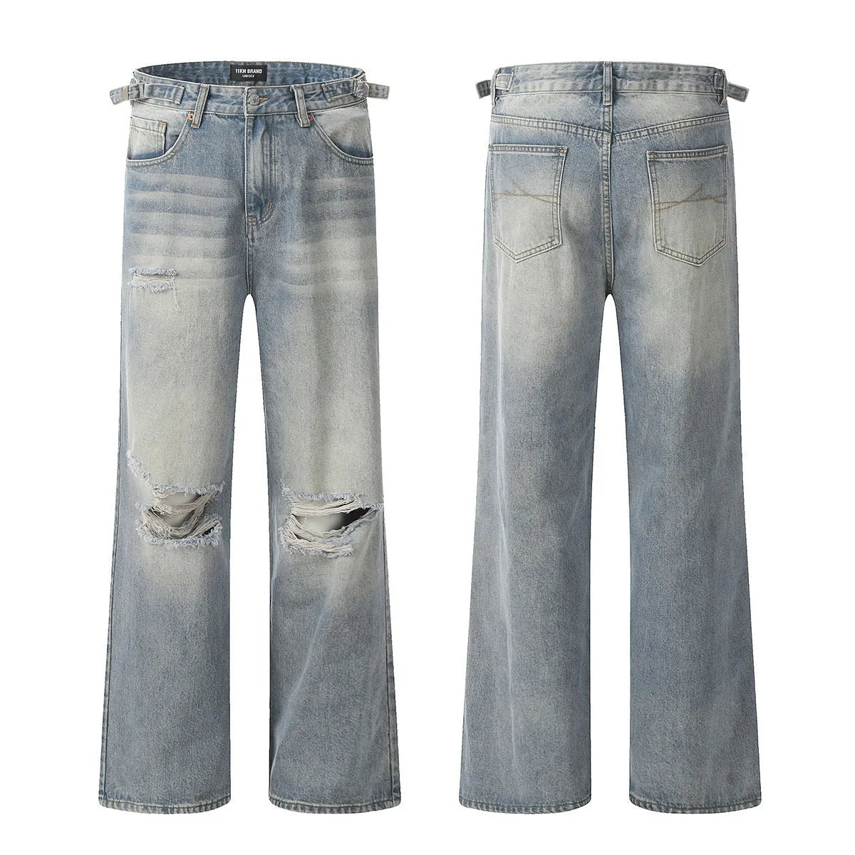Men's blue straight-leg jeans with ripped details and zipper fly in retro style