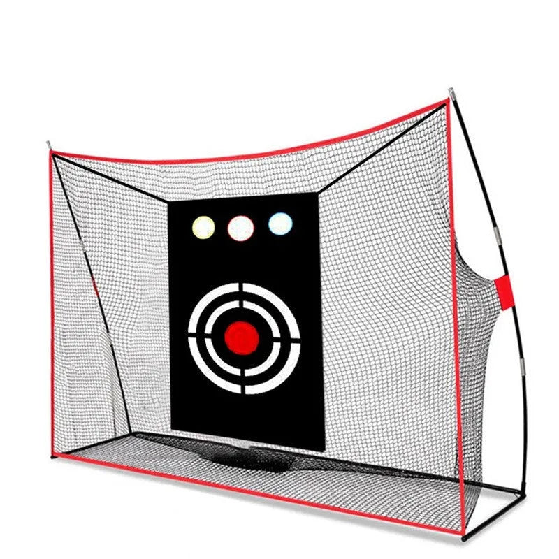 Golf swing wedge training net with 3-hole cross design and straw hitting mat