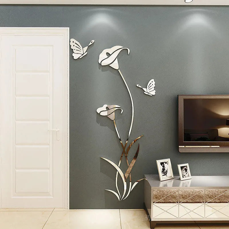 Lily flower 3D acrylic wall sticker in pink colour applied to a white wall