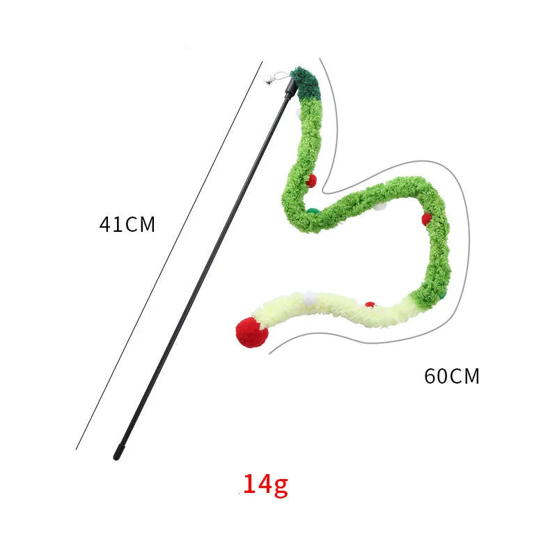 Colourful cat wand toy with plush strip, fluffy ball and bell on 41cm pole