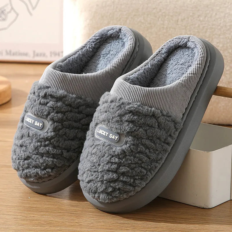 Men's grey and brown plaid cotton slippers with artificial wool lining and EVA soles