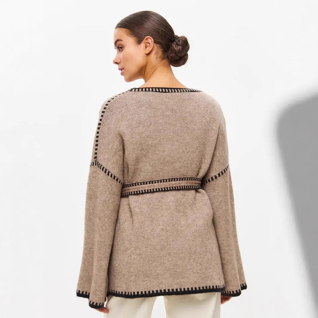 Lace-up front imitation cashmere knitted cardigan in loose mid-length fit showing black, camel, and white colour options