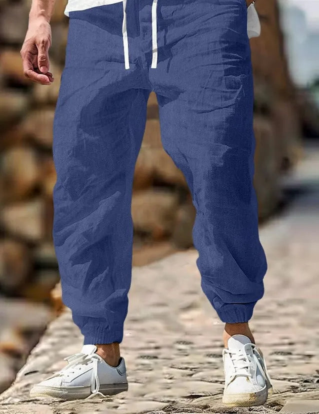 Men's straight leg linen trousers with elastic waistband in seven colour options