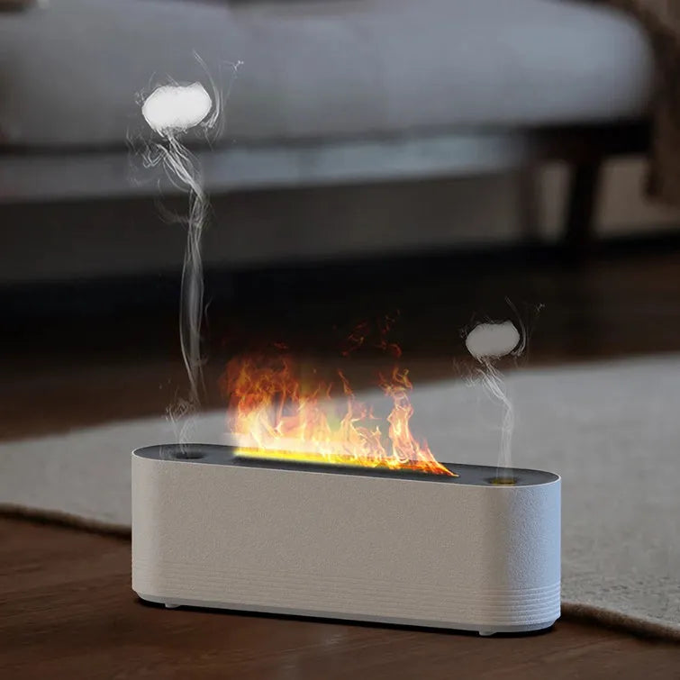 Black ultrasonic humidifier diffuser with coloured flame LED light and mist spray