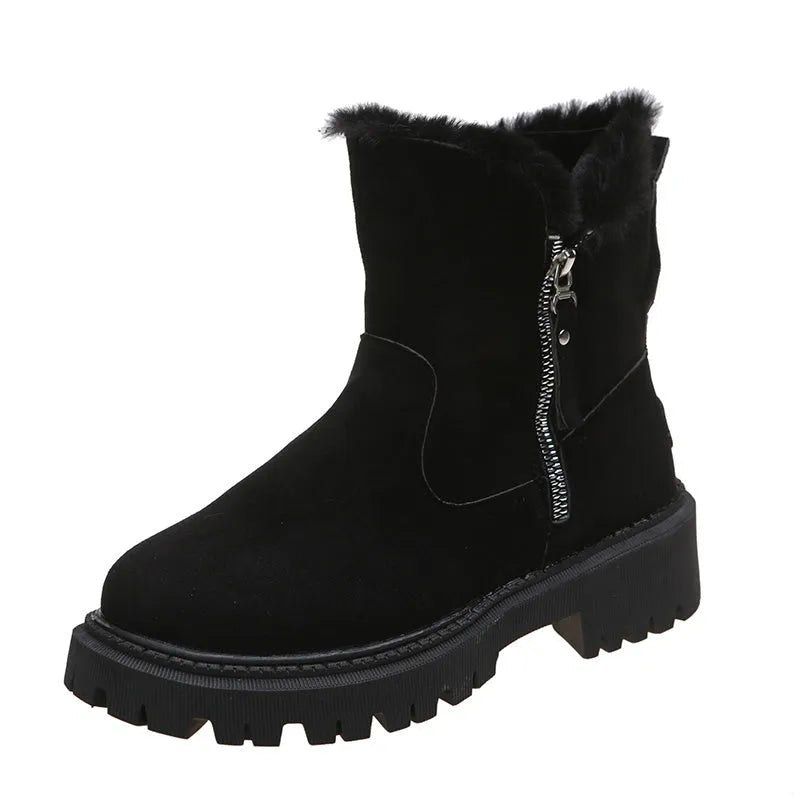 Black high-top women's snow boots with side zipper and faux fur cuff