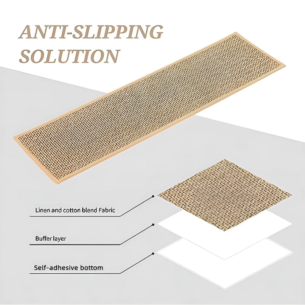 Japanese-style linen-look stair mat in camel colour on a wooden step, showing rubber bottom.