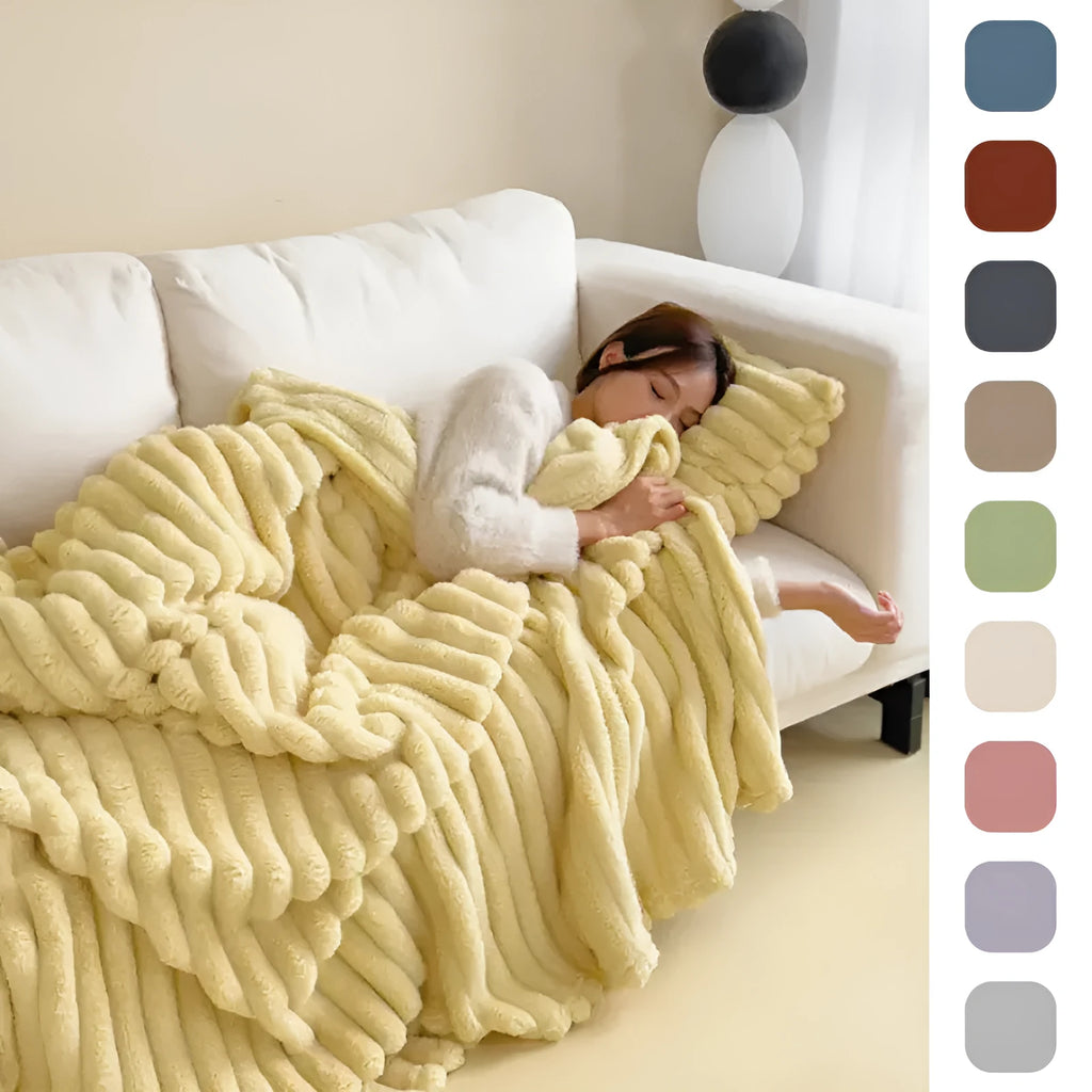 Solid colour bubble faux rabbit fur double-sided thickening blanket shown in a khaki colour