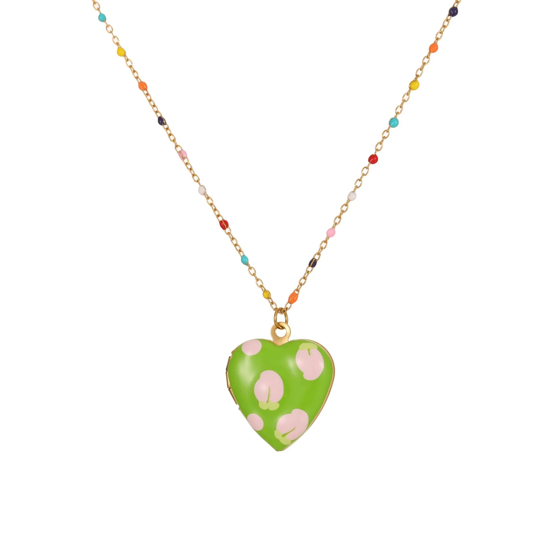 Stainless steel fruit pendant necklace with gold plating showing heart and fruit charm designs on adjustable chain