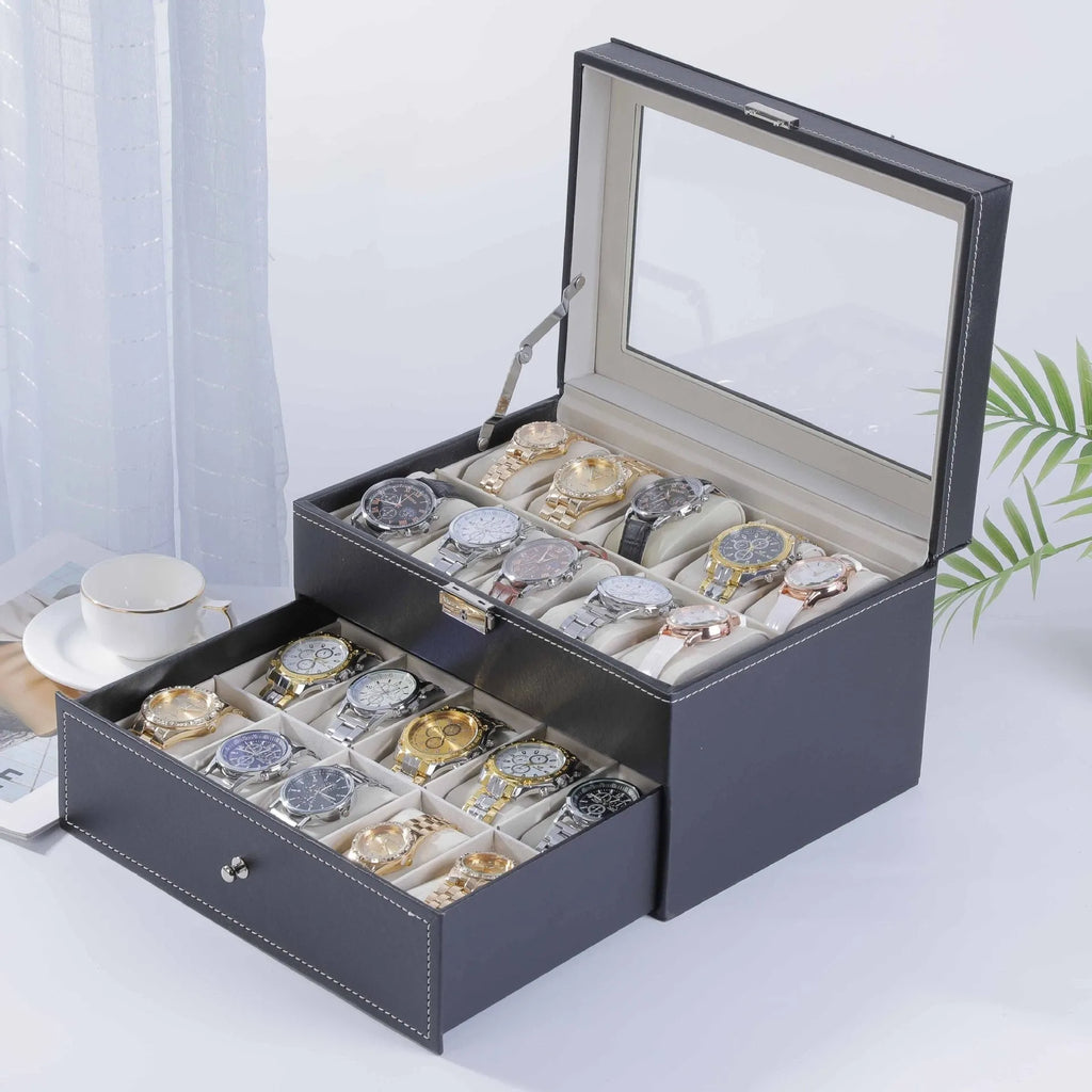 Grey high-grade leather watch storage box with see-through lid for dust protection.
