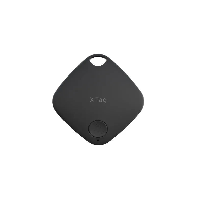 Small round black Bluetooth key ring tracker with a silver metal keyring loop.