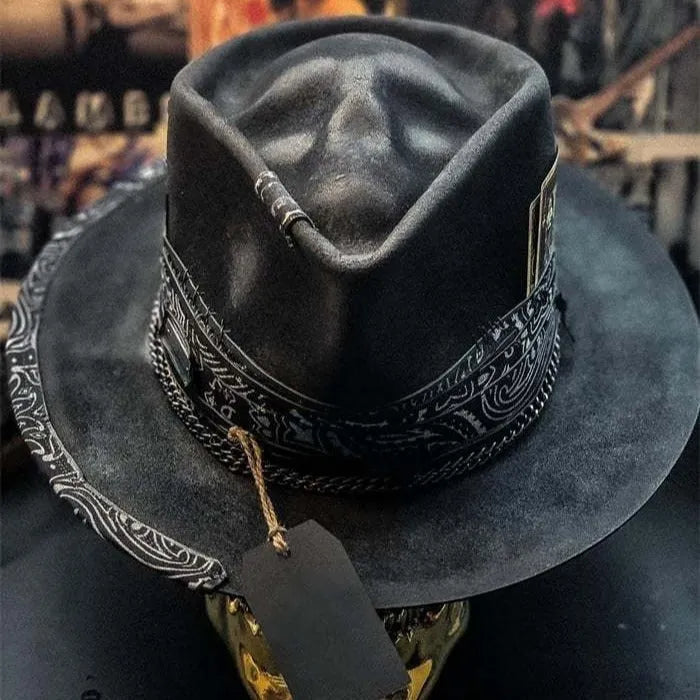 Handmade wool felt skull hat with conical crown and denim-style pattern
