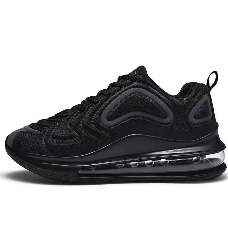 Men's black air cushion sneakers with artificial PU upper, plastic sole, and lace-up design for outdoor running