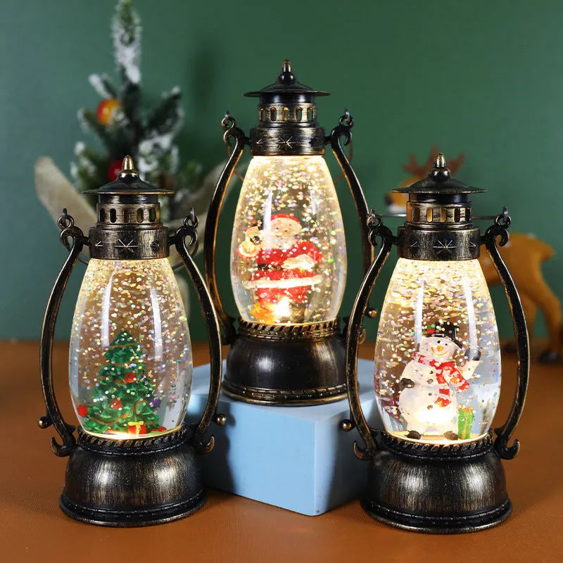 Plastic Christmas snow globe desktop decoration with glowing oil lamp and crystal ball design