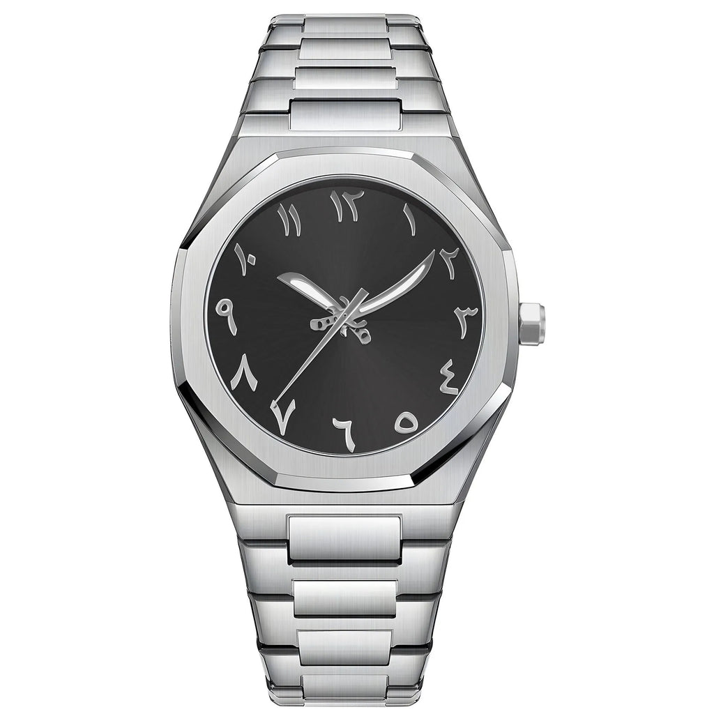 Men's steel bracelet quartz watch in business style on a wrist.