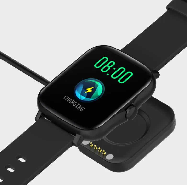 Black smart watch with 1.7-inch colour touchscreen on an adjustable strap.