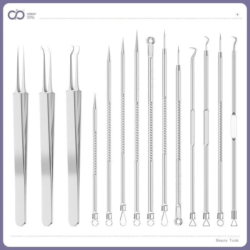 Set of four silver metal acne needles with pointed tips on a white background.