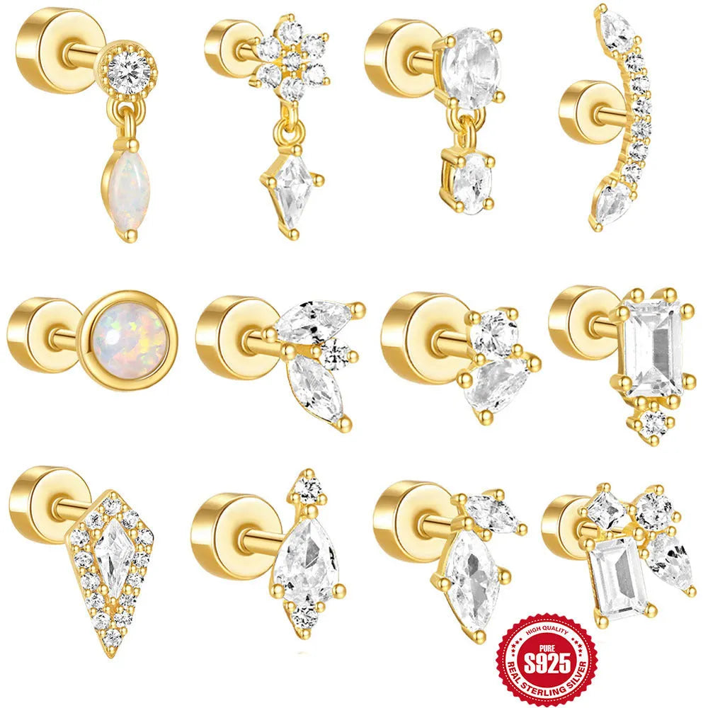 S925 sterling silver flat column thread ear bone studs in twelve gold electroplated colour variations