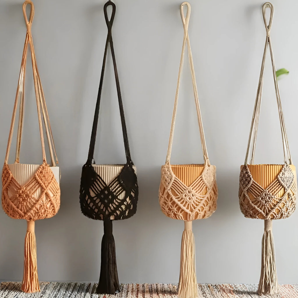 Handwoven brown polyester cotton flower pot net sleeve covering a plant pot.