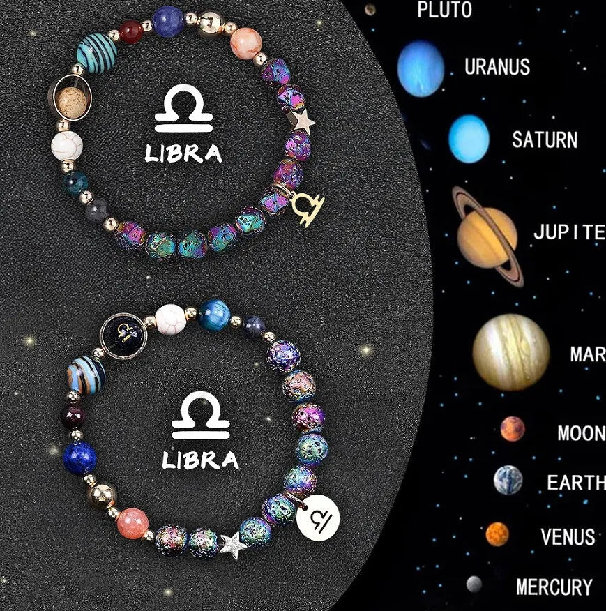 Two natural stone beaded bracelets with zodiac symbols on an adjustable cord.