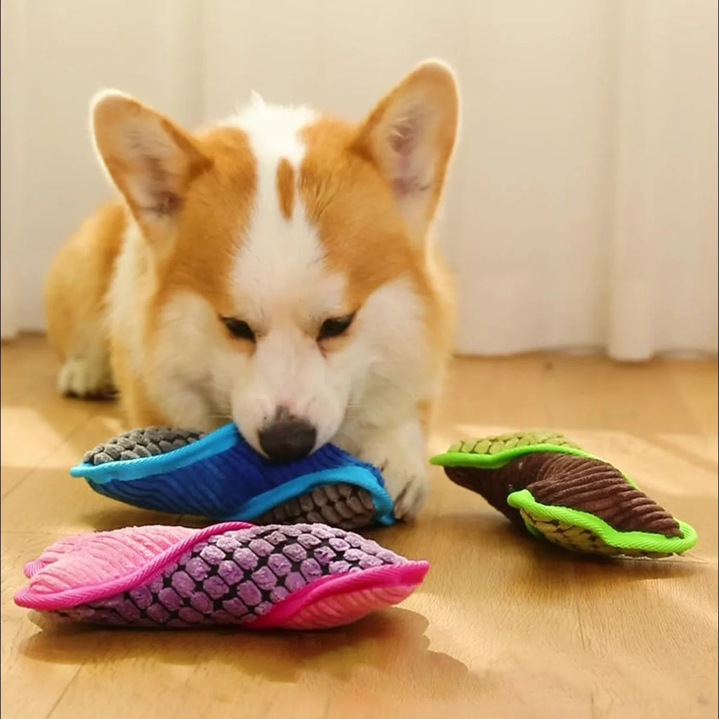 Blue teddy dog toy with a squeaking bone model and corn fleece lining.
