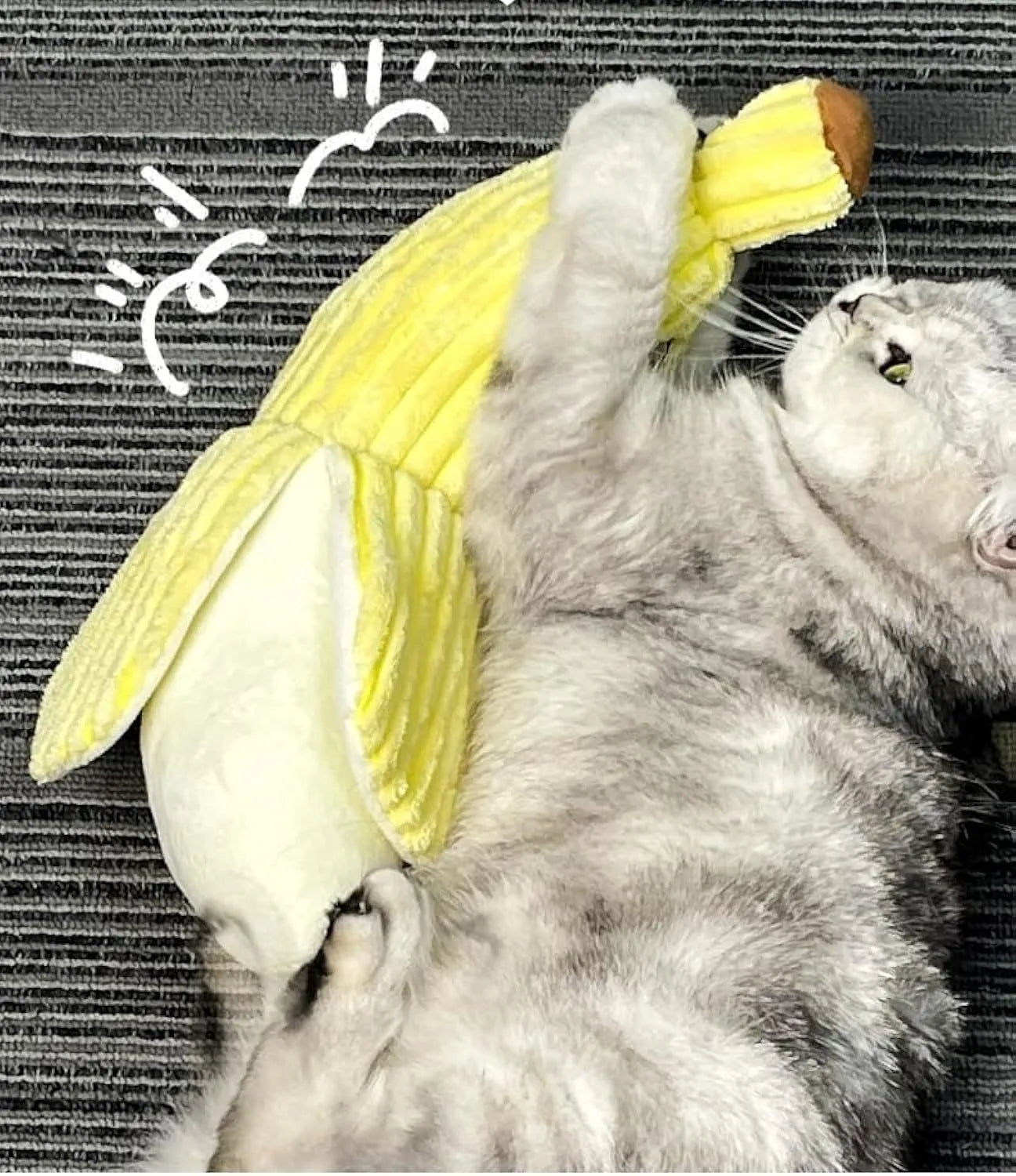 Yellow banana cat toy with crinkle sound measuring 13 inches long