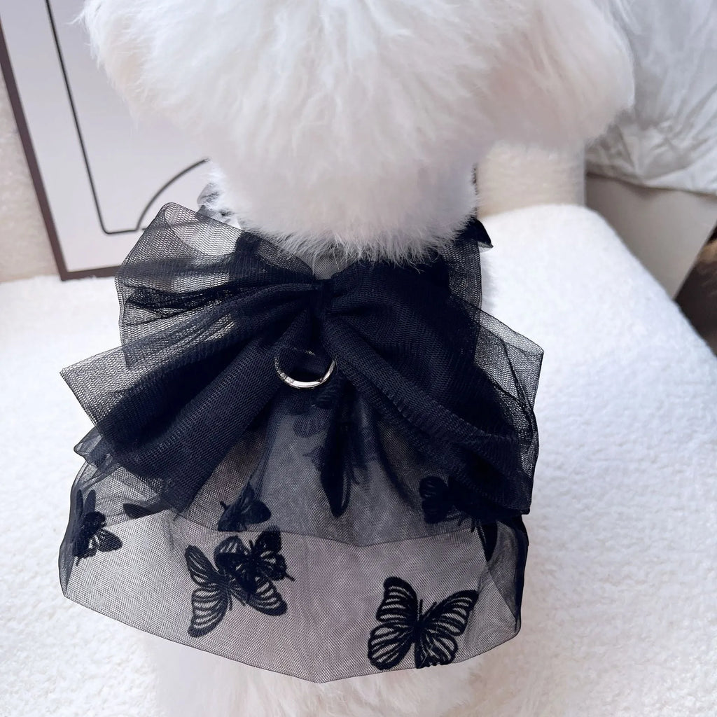 Black gauze princess tulle skirt for small dog or cat with decorative dress styling