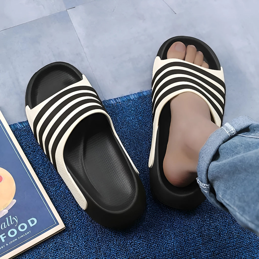 Casual EVA slippers with PVC upper in beige, black and white, blue and white, and green colour options