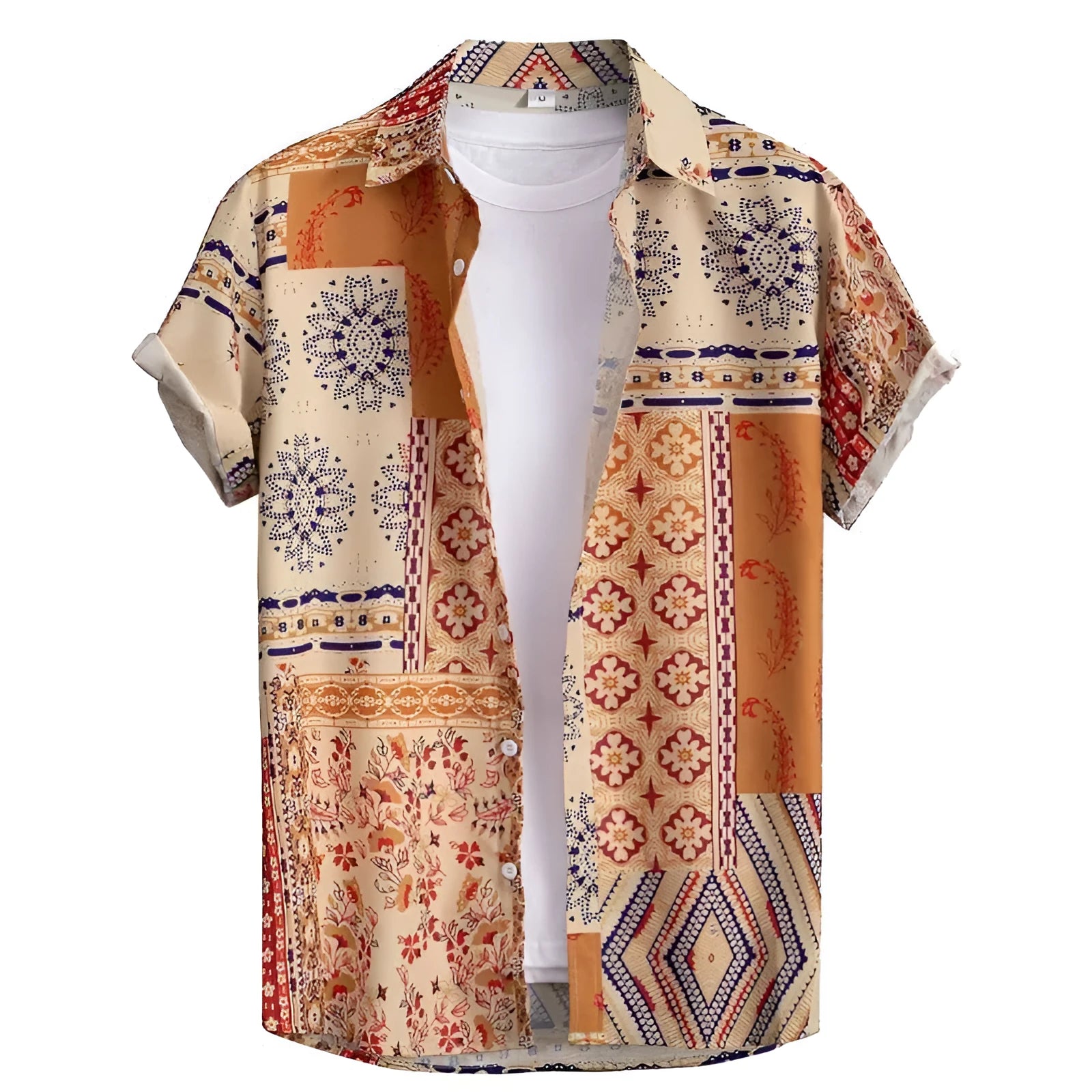 Men's slim fit Hawaiian short sleeve shirt in a cardigan style with digital print pattern.