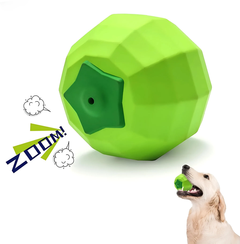 Green natural rubber squeaky dog ball toy for large breed aggressive chewers.