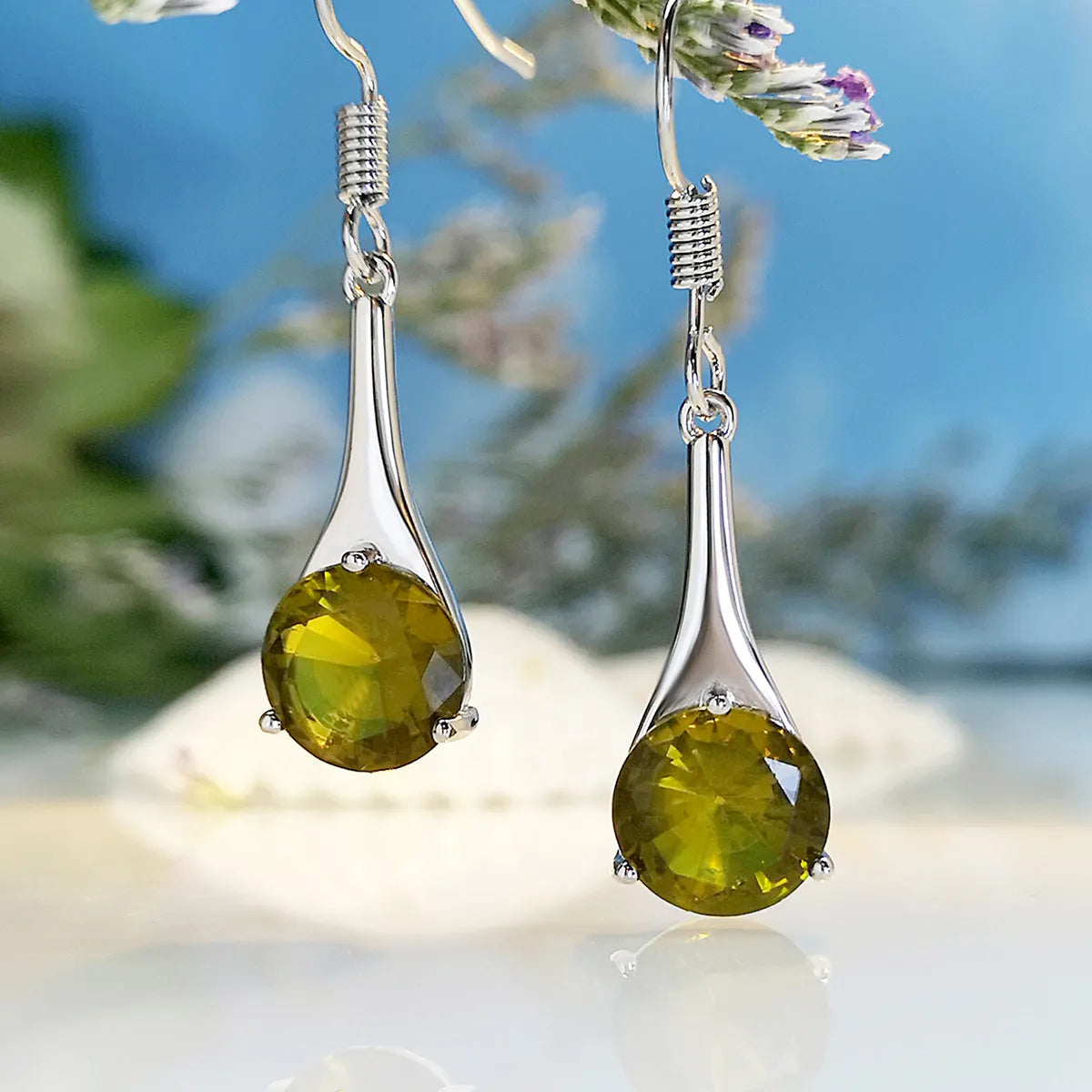 Olive green topaz water drop shaped earrings with retro design and electroplated alloy construction