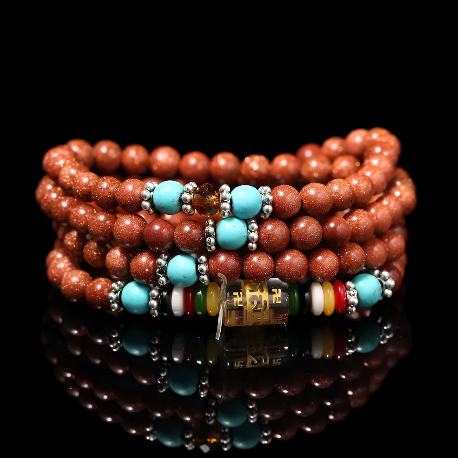 Golden star stone mantra bracelet with 108 nugget sand beads and retro fu character design