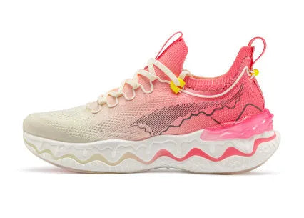 Women's cushioned running shoes with thick rubber soles in a no-lace design on a neutral background.