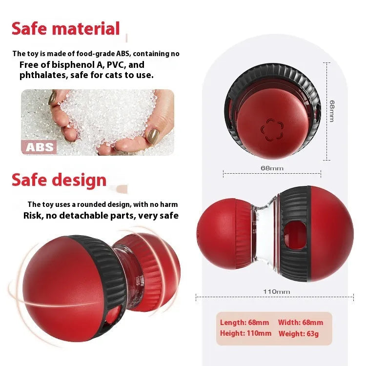 Rotating plastic cat toy with a super ball, designed for food dispensing and sound play.